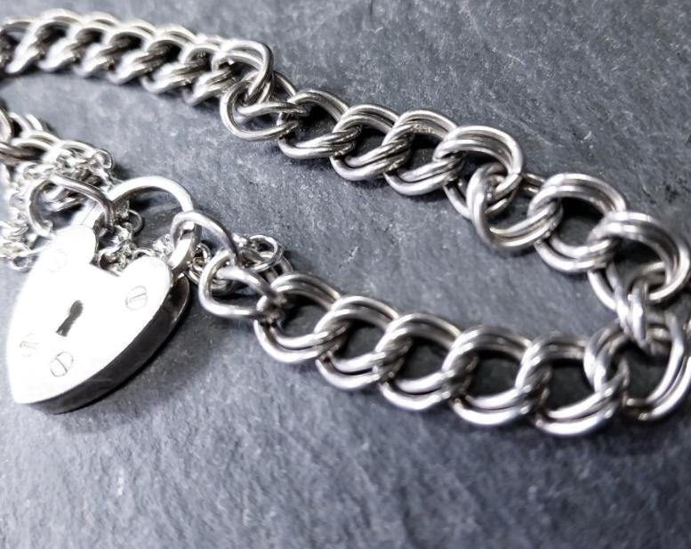 Vintage SILVER Double LINK BRACELET with Padlock Lock Clasp c 1980 - 17cm - 13.7g