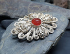 Antique Silver CARNELIAN FILIGREE Flower Brooch - Continental Silver Pin - 7.5g