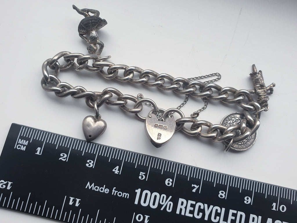 Vintage Silver CHARM BRACELET with 4 Charms and heart padlock clasp - 29.1g