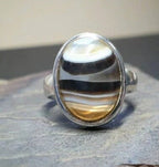 Vintage SILVER BANDED AGATE Ring - Landscape Agate - Size uk O (us 7) - 7.5g