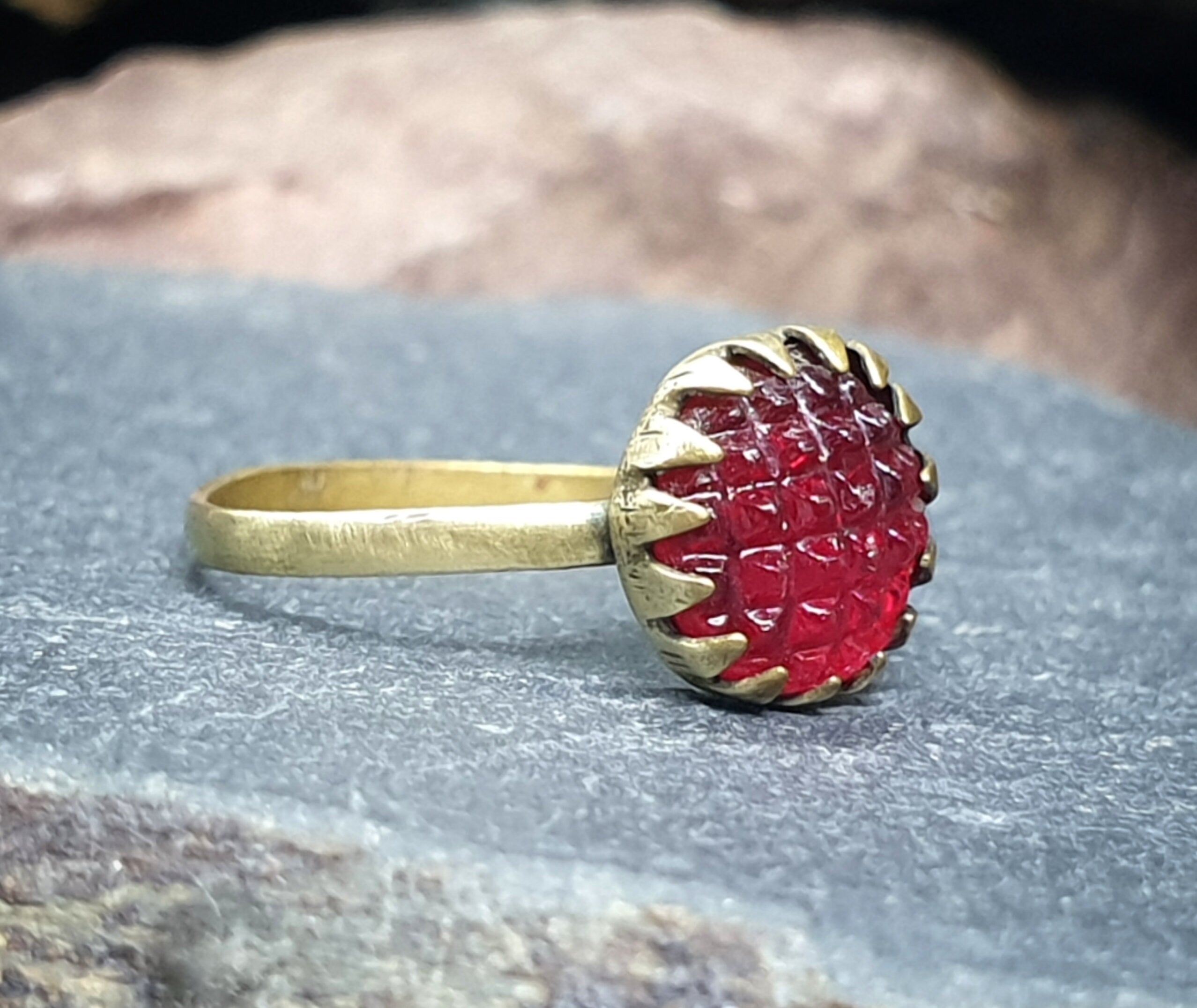 Antique Cranberry Glass Gilt RING - Small Size uk H (us 4)
