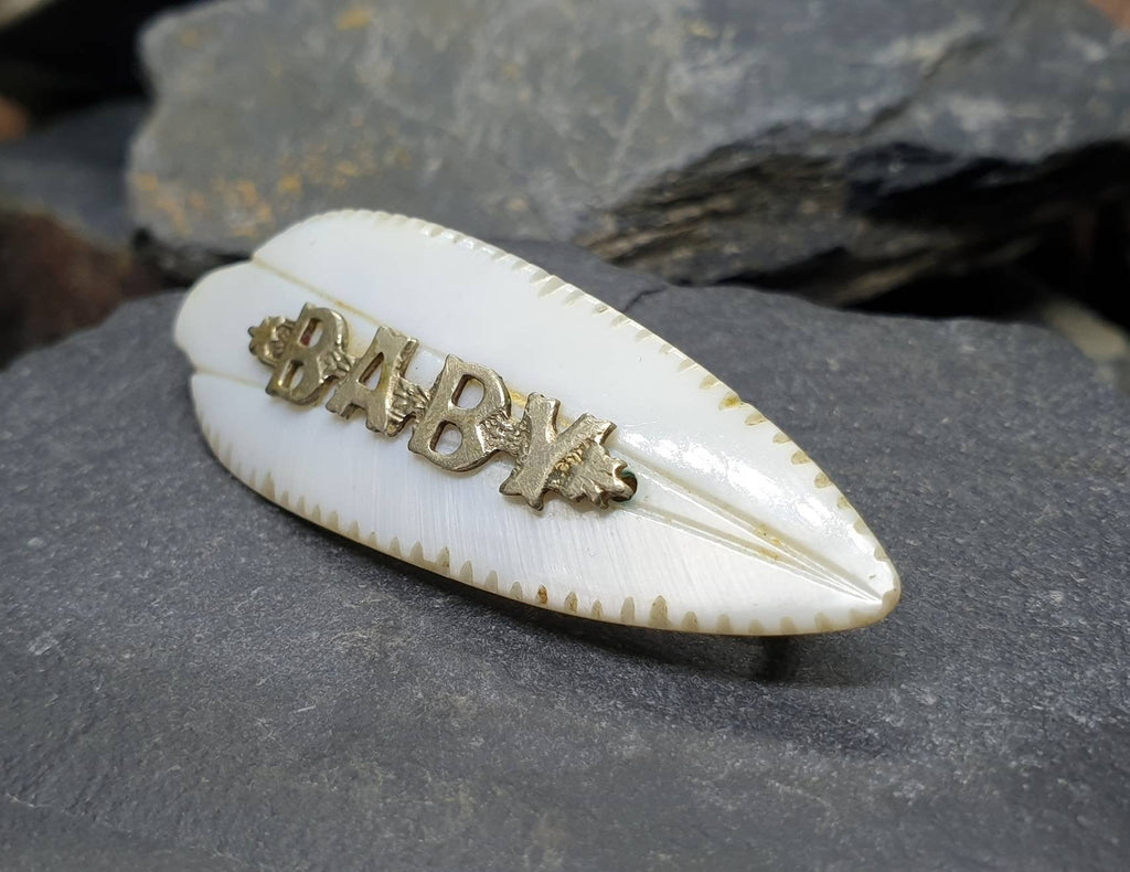 Antique BABY BROOCH - Mother of Pearl with Silver Word - Newborn