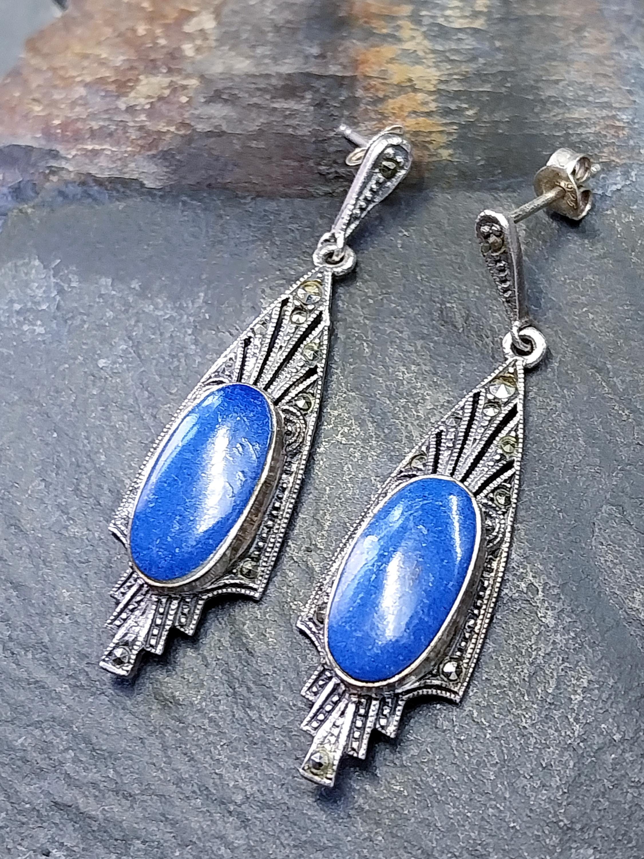 Sterling Silver Art Deco EARRINGS Blue Gemstone & Marcasite - 5.9g