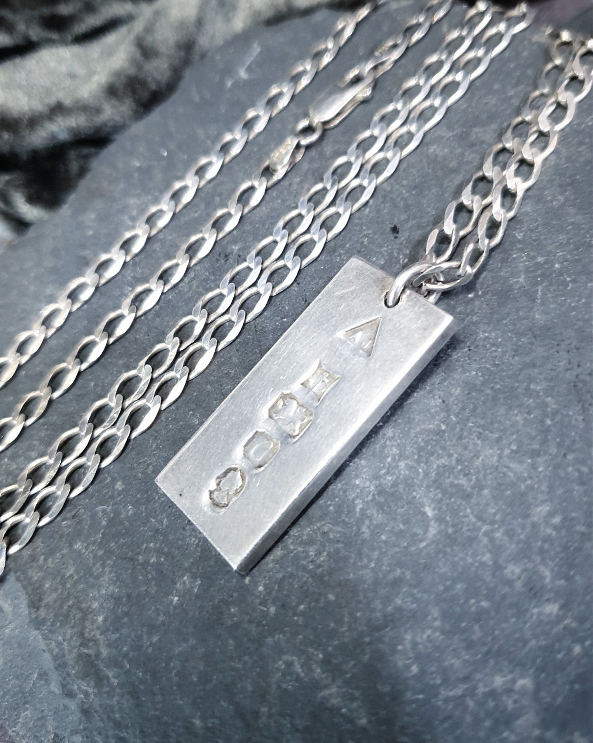 Heavy Silver INGOT PENDANT 1977 on Curb Chain Necklace - 24" Long Fully Hallmarked - 26g