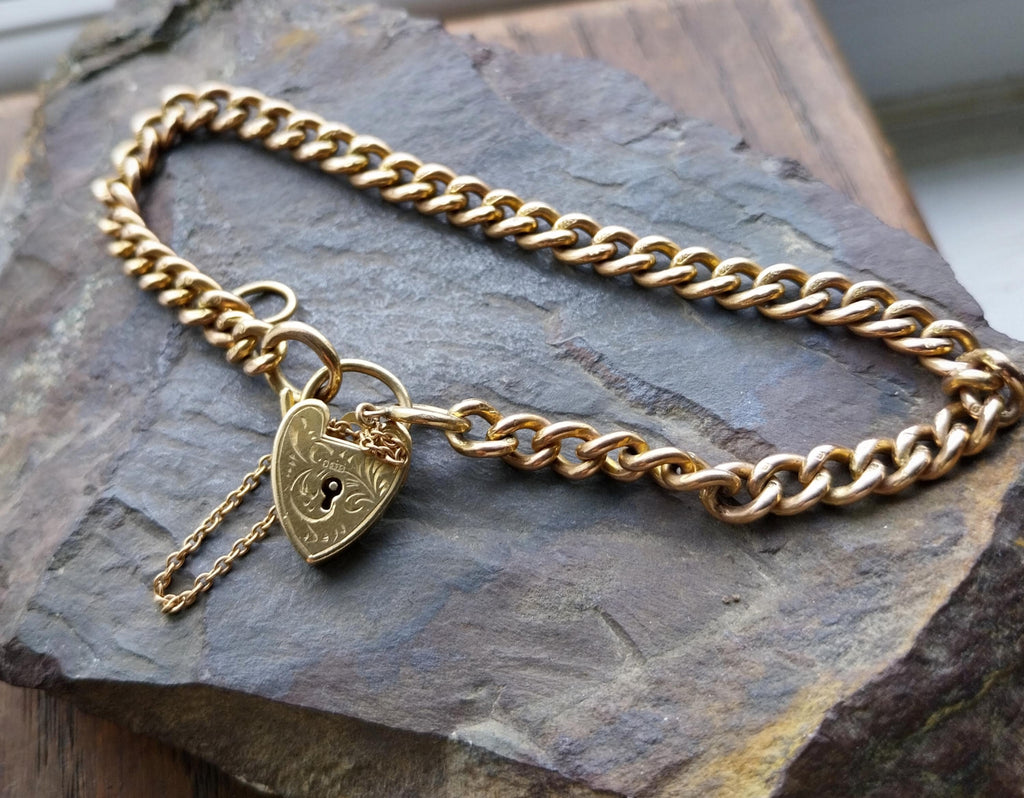 Georg Jensen 9ct Rose GOLD Bracelet & Engraved Heart Padlock Clasp c1966 - 19.4g