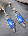 Sterling Silver Art Deco EARRINGS Blue Gemstone & Marcasite - 5.9g
