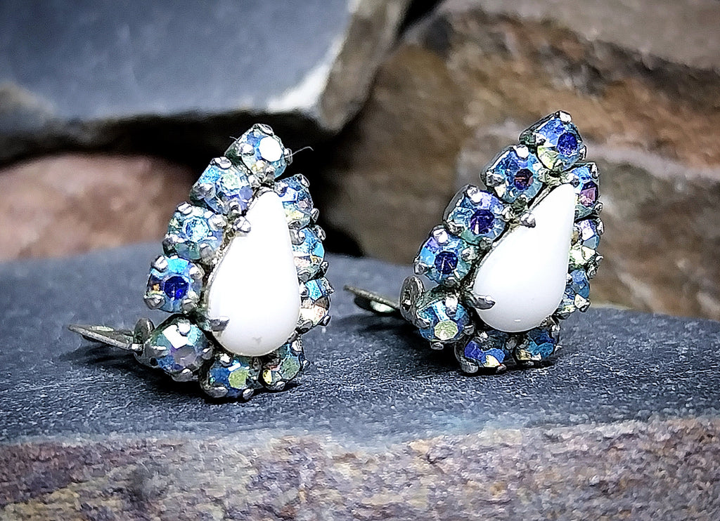 Vintage EARRINGS Blue Aurora Borealis Clip On - 3.7g