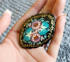 Russian Lacquer Art Brooch with Lilac and Blue Flowers 7.5g