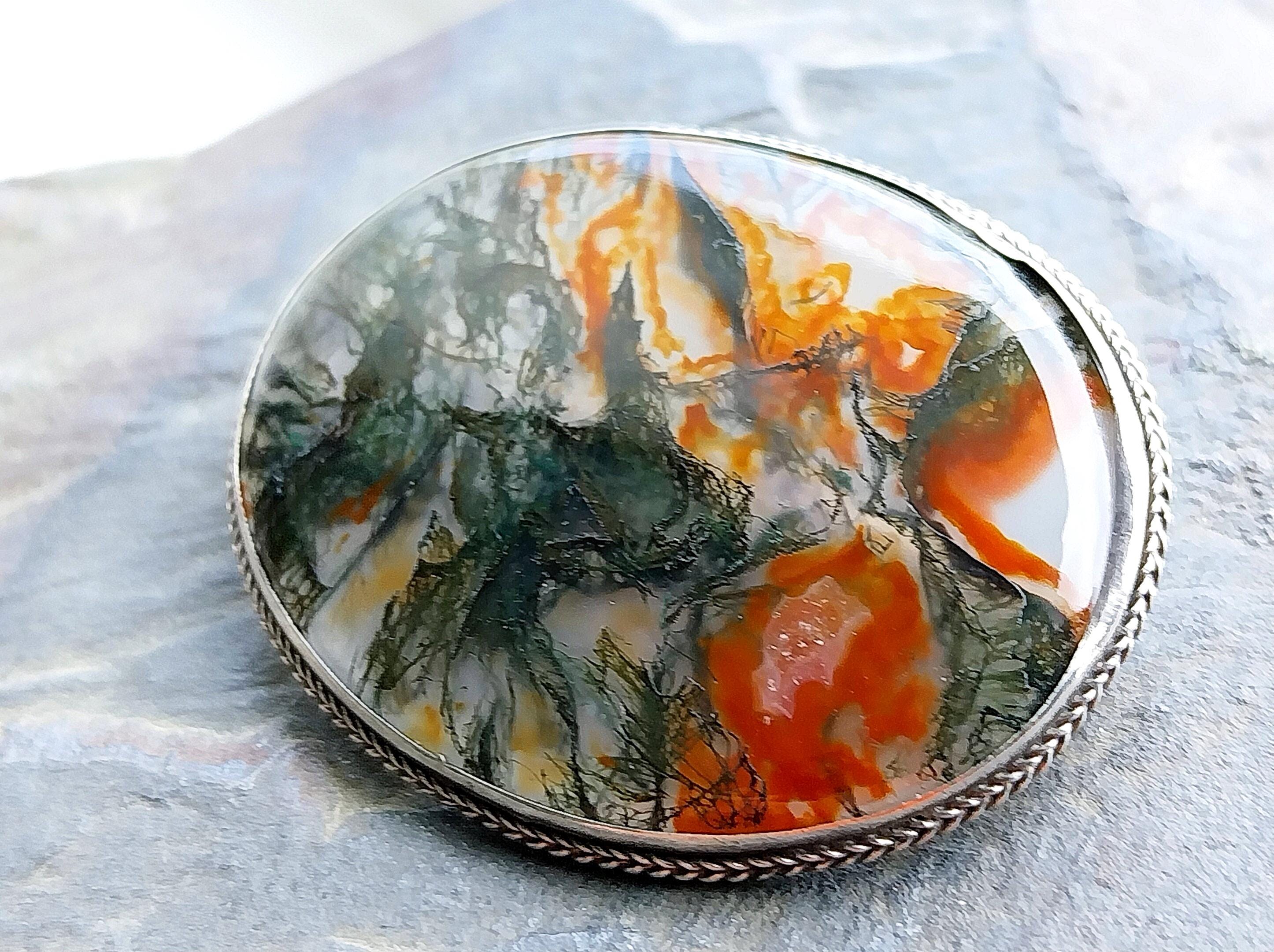 Vintage Sterling Silver Moss Agate Brooch - Vibrant Dendritic Gemstone  - 6.7g