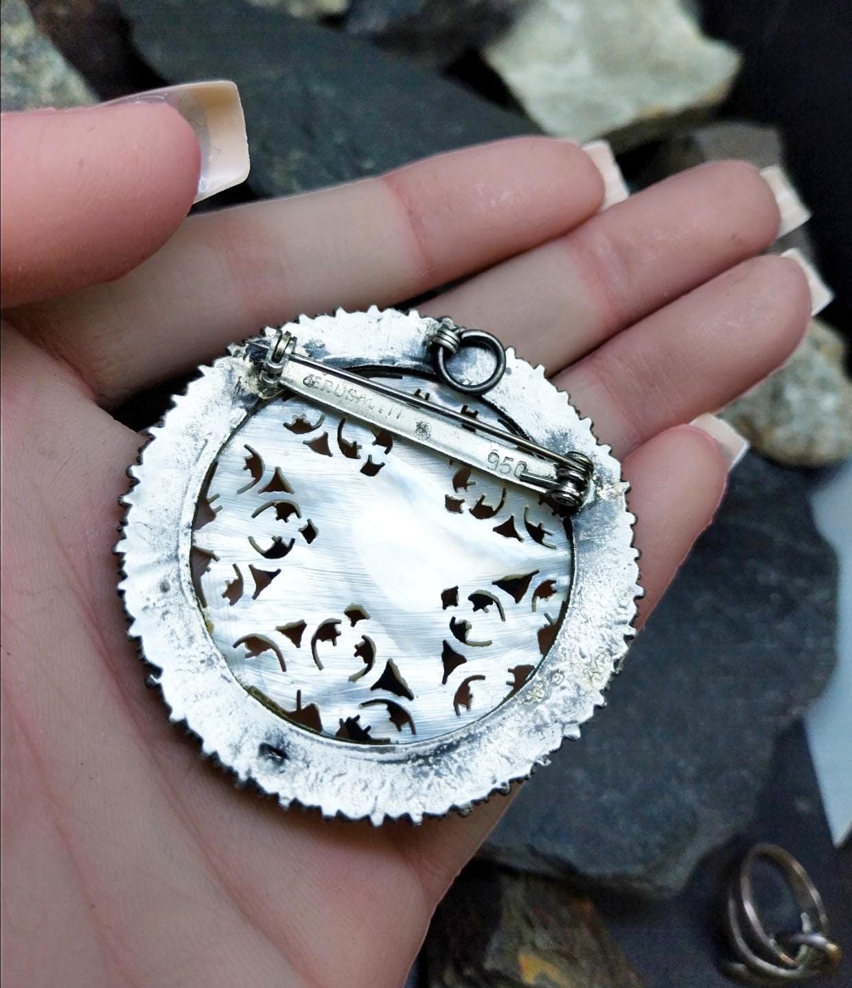 Large Vintage Sterling Silver and Mother of Pearl Christmas Star Brooch 17.2g