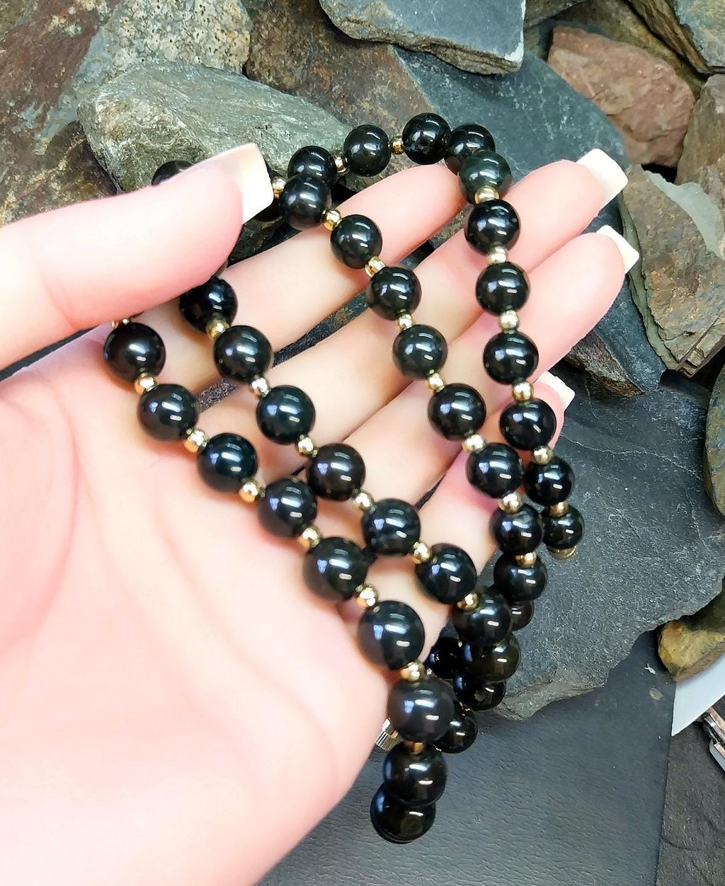 Vintage Jet Black Bead Necklace - 23" - 55.8g