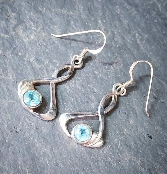CELTIC Sterling Silver Earrings - with Blue Topaz GemStone - 4g