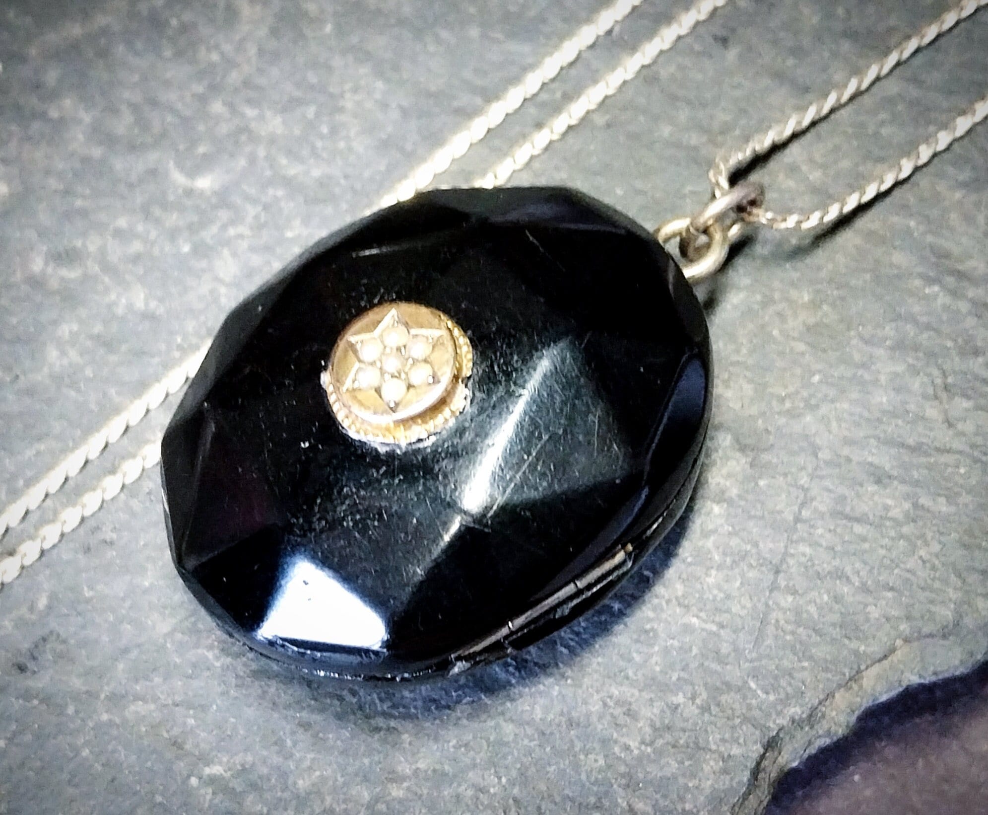 Antique VICTORIAN Whitby JET LOCKET with Seed Pearl Star - on 20" Chain - 27.4g