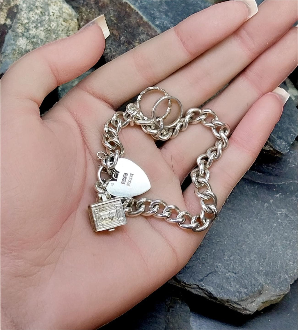 Vintage Silver CHARM BRACELET with Bible and Rings Charms with heart padlock clasp - 27.4g