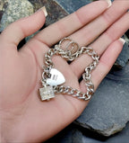 Vintage Silver CHARM BRACELET with Bible and Rings Charms with heart padlock clasp - 27.4g