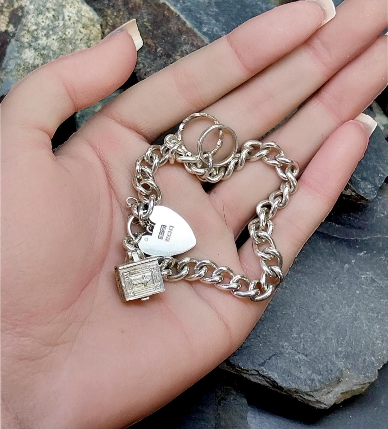 Vintage Silver CHARM BRACELET with Bible and Rings Charms with heart padlock clasp - 27.4g
