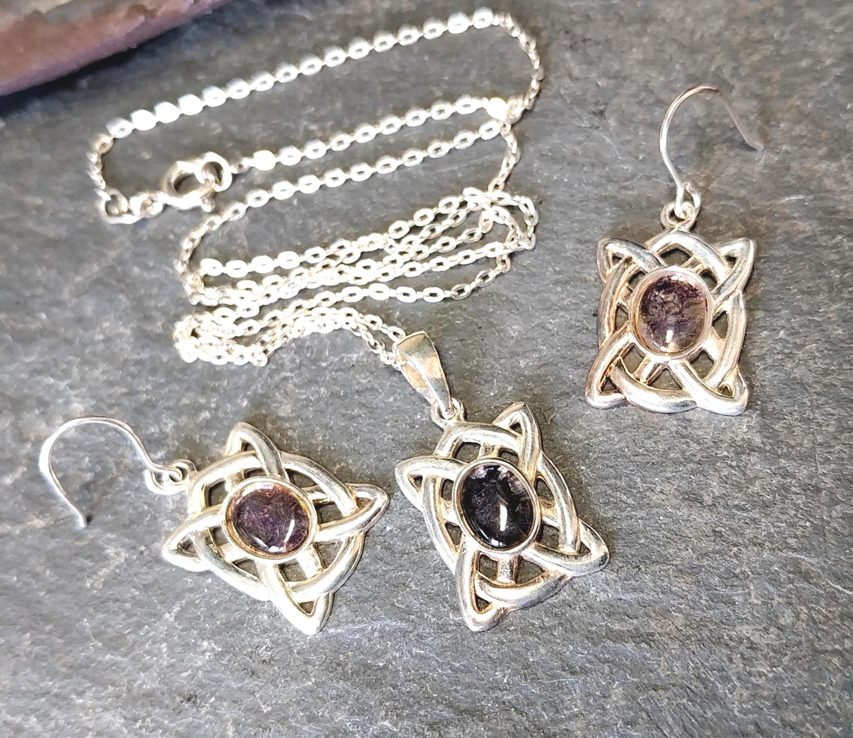 Sterling SILVER Amethyst Necklace and Matching Earrings Gift Set - Celtic Knot - 8.6g