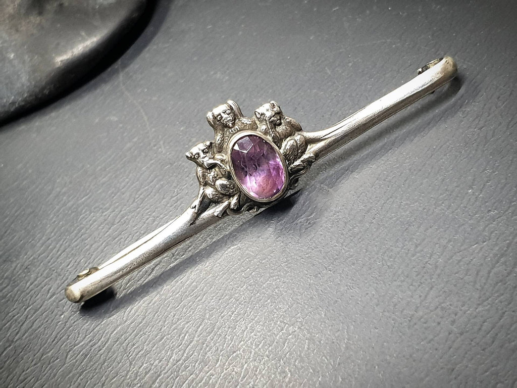 VICTORIAN AMETHYST BROOCH - Three Wise Monkeys Pin - Antique Silver