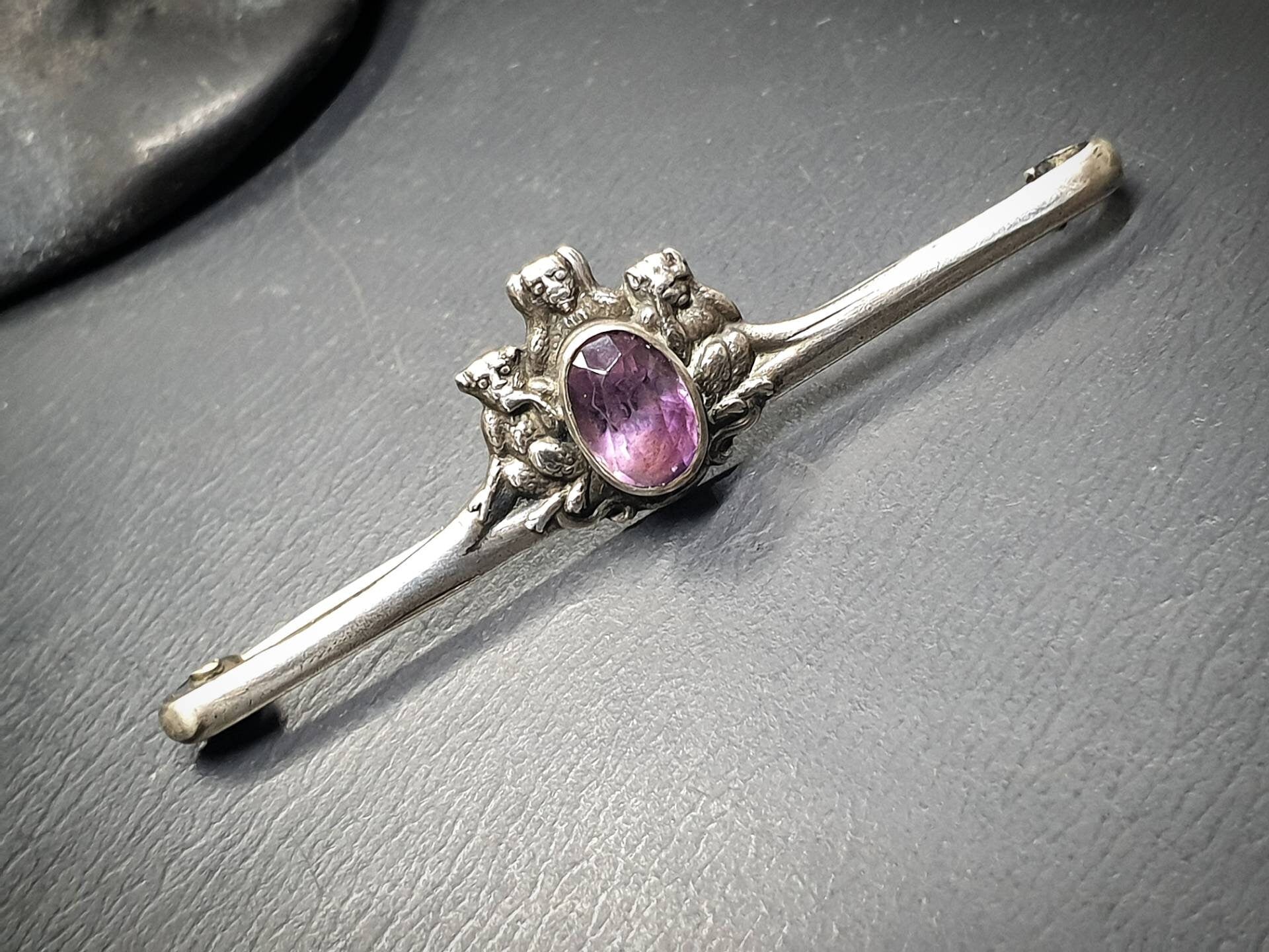 VICTORIAN AMETHYST BROOCH - Three Wise Monkeys Pin - Antique Silver
