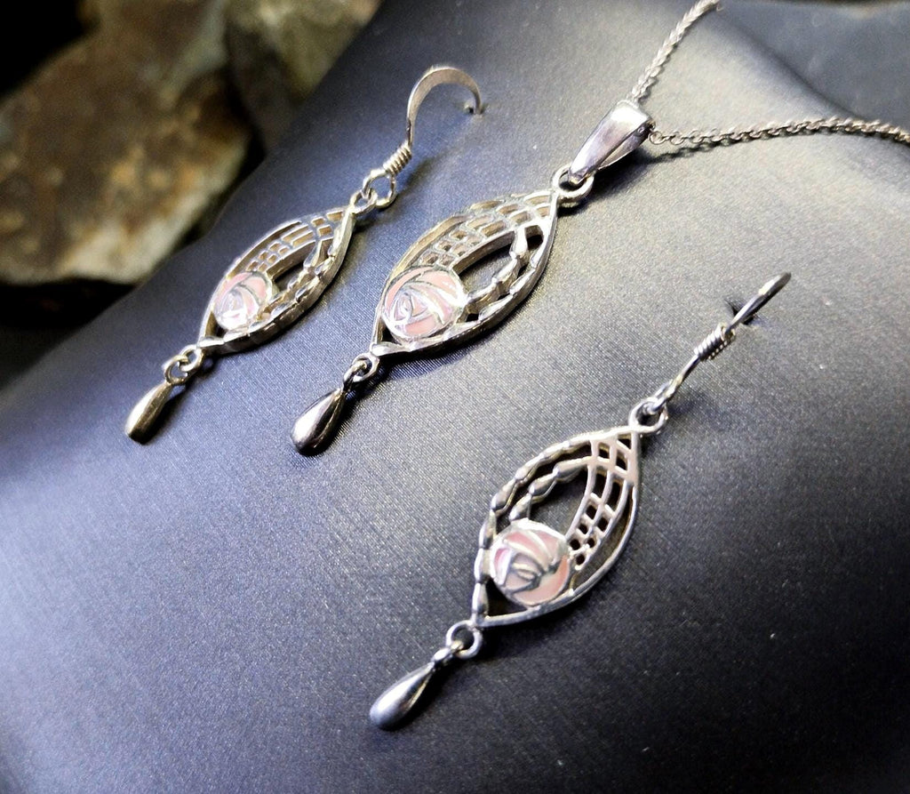 Sterling Silver Celtic Rose Necklace and Matching Earrings Gift Set - 6.8g