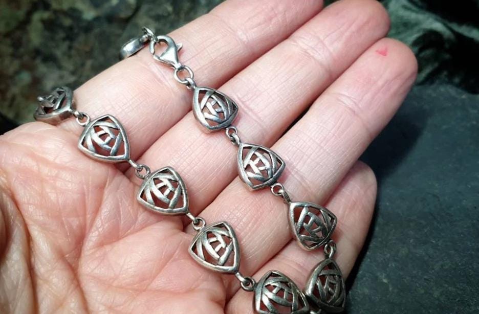 Vintage Celtic Sterling Silver Bracelet - Sea Gems Mackintosh Rose - 17.5cm - 9.5g