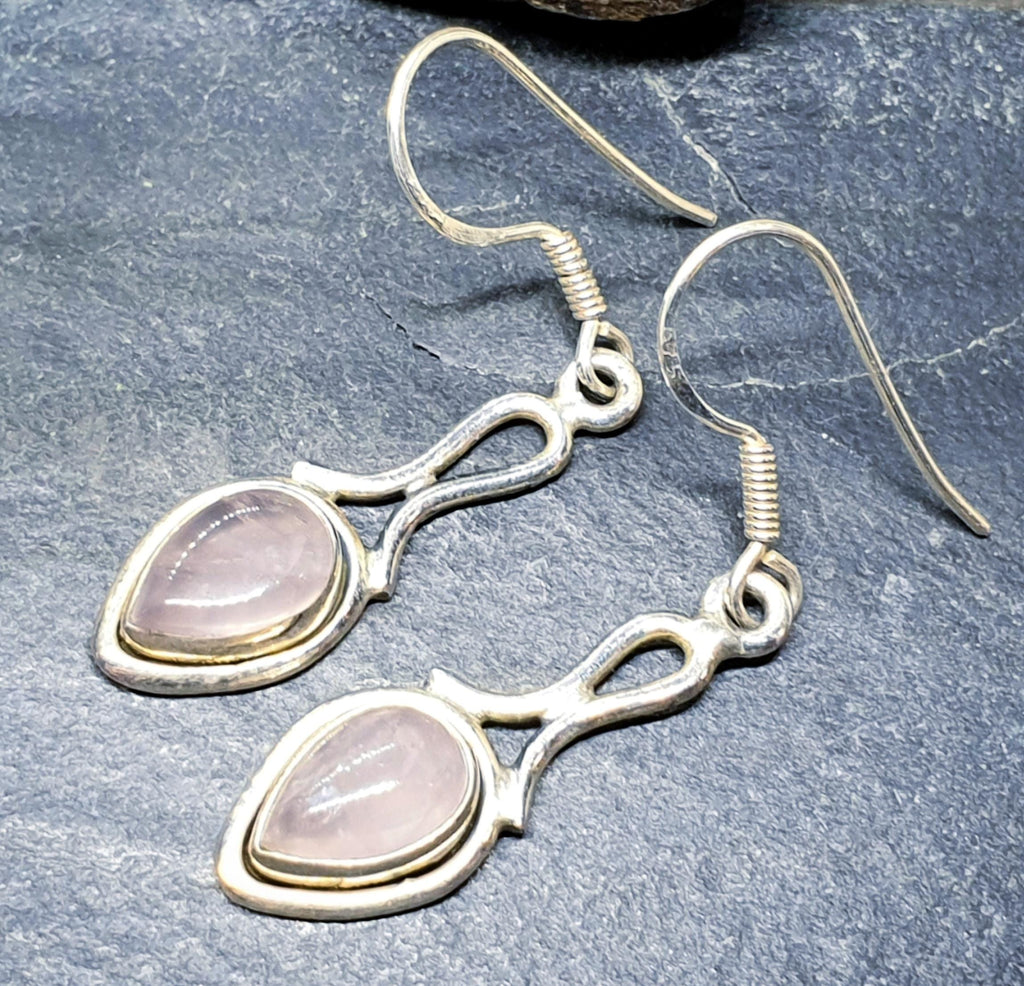 Vintage Sterling Silver Rose Quartz EARRINGS - Long Dangling  - 3.5g