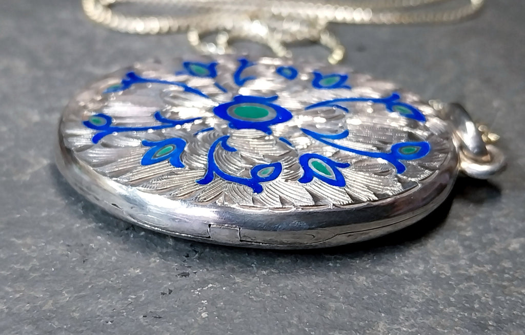 Large Locket Necklace by Danish Echri Cameer, Blue Enamel on 20" chain - 19.7g