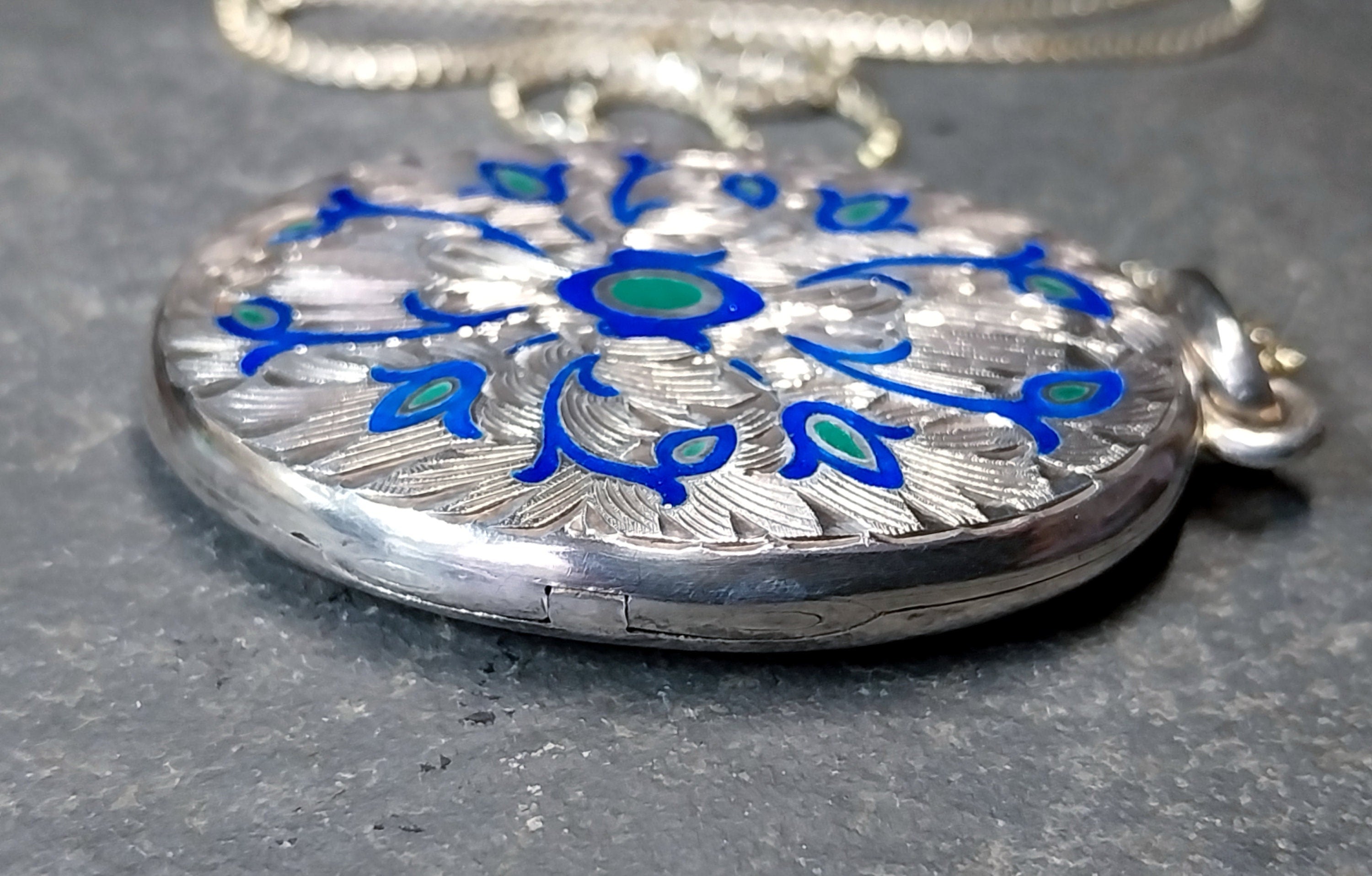 Large Locket Necklace by Danish Echri Cameer, Blue Enamel on 20" chain - 19.7g