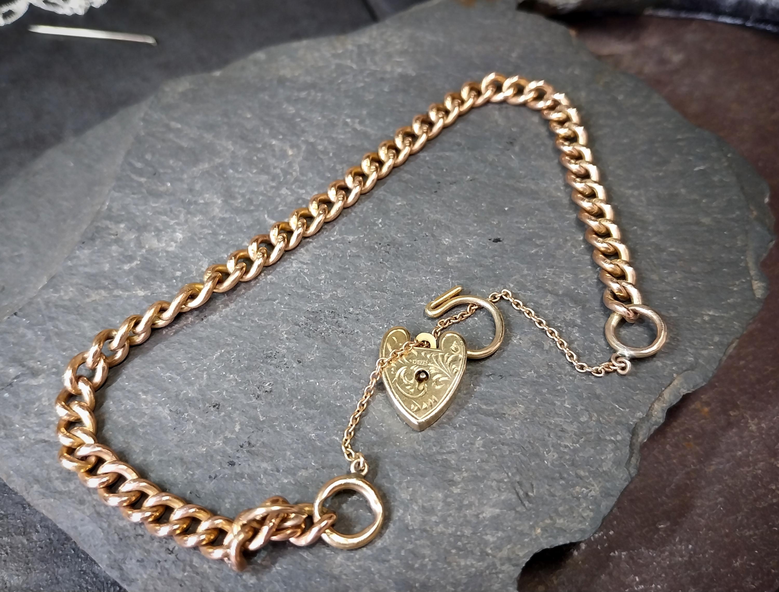 Georg Jensen 9ct Rose GOLD Bracelet & Engraved Heart Padlock Clasp c1966 - 19.4g