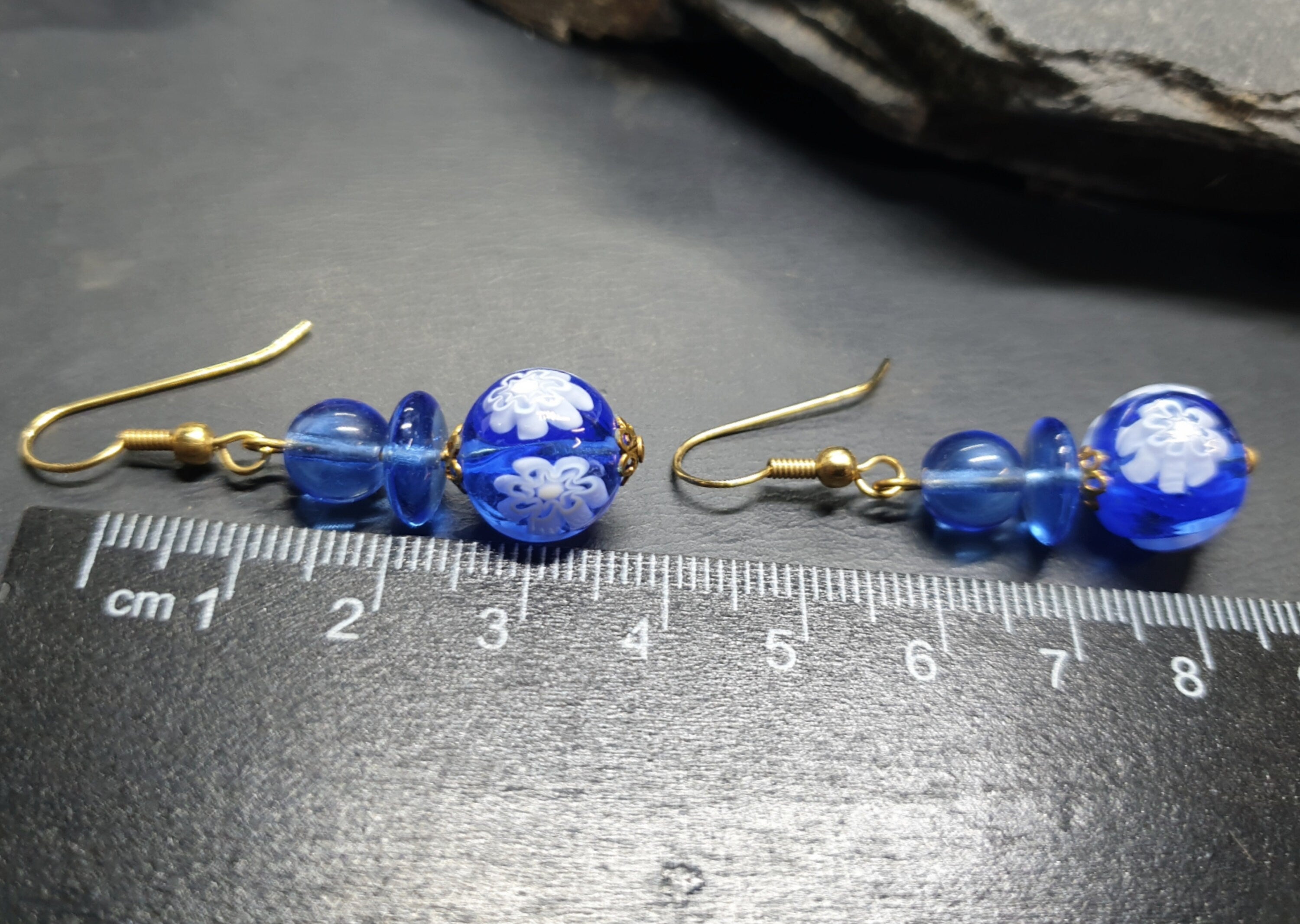 Vintage Murano Style Blue Bead EARRINGS - Long Dangling  - 8.5g