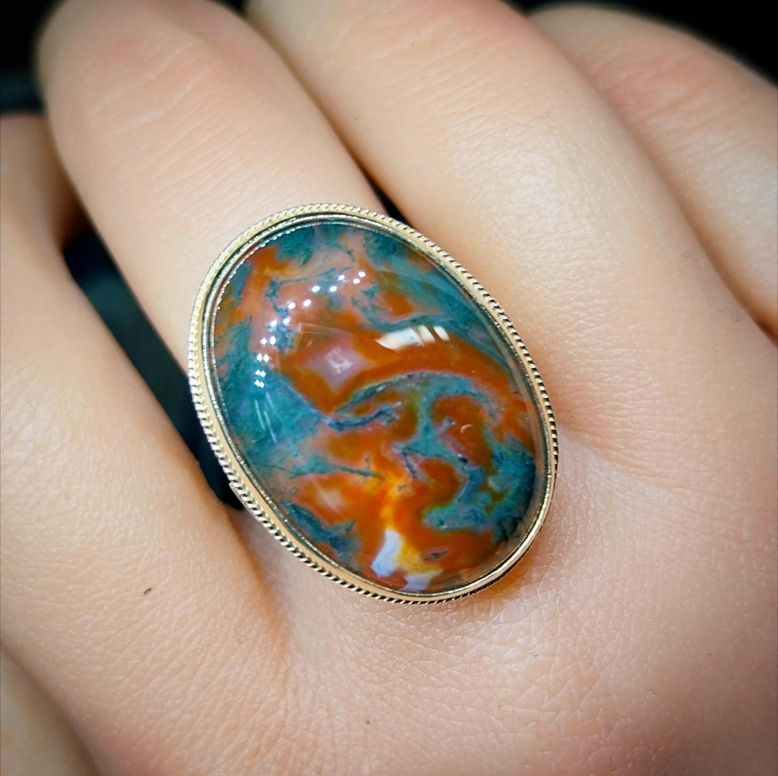 Huge Vintage 9ct Gold MOSS AGATE Ring - Dendritic - Size uk P (us 7.5) - 8.1g