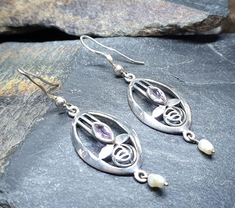 Sterling Silver CELTIC ROSE Dangle Earrings - with Purple amethyst Stone - 4.2g