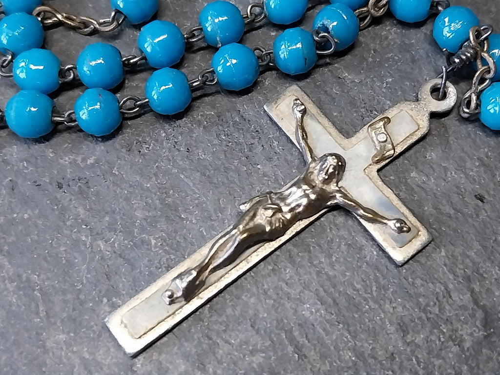 Vintage French BLUE ROSARY Beads, Old Prayer Beads and crucifix - 24" - 23g