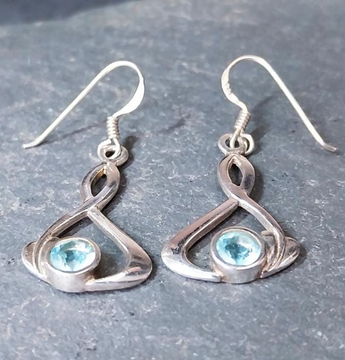 CELTIC Sterling Silver Earrings - with Blue Topaz GemStone - 4g
