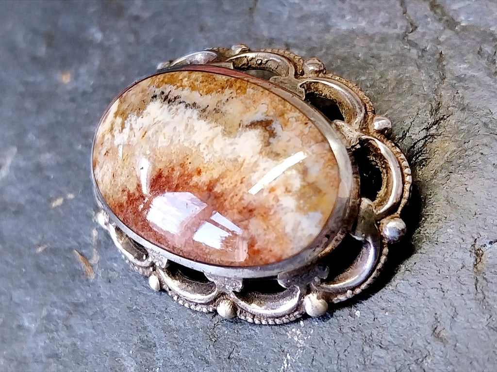 Vintage Agate Sandscape Brooch - Art Deco Sterling Silver - 8.4g