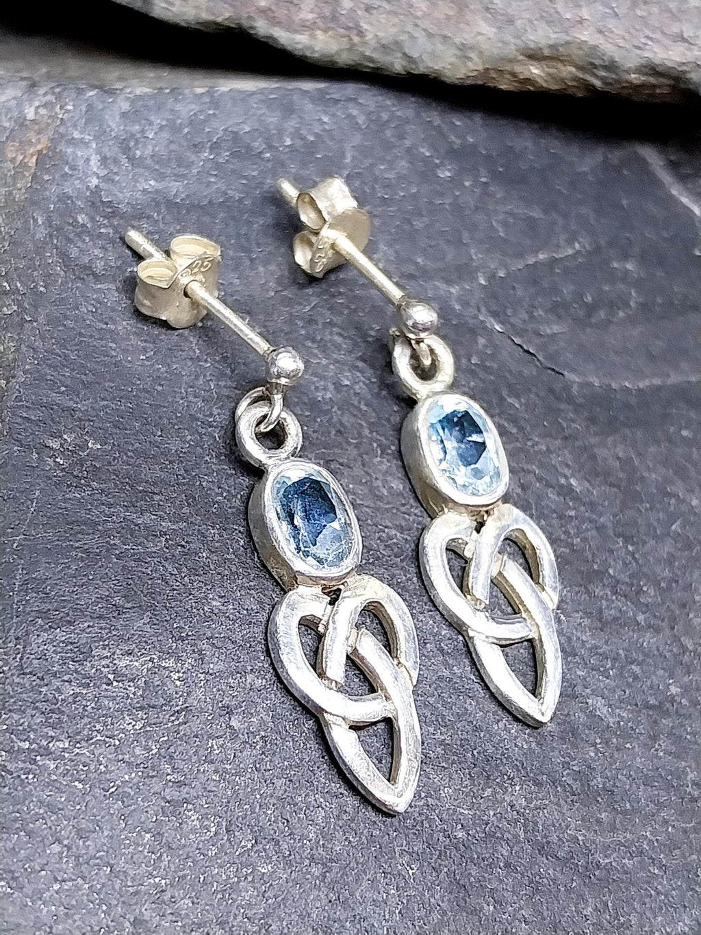 Vintage Sterling Silver Blue Topaz EARRINGS - Celtic Drop Dangling  - 2.7g