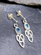 Vintage Sterling Silver Blue Topaz EARRINGS - Celtic Drop Dangling  - 2.7g
