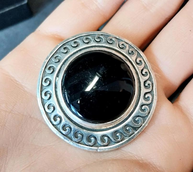 Vintage Black ONYX Brooch - Sterling Silver Swirls - 17.6g