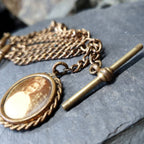Antique Dog Clip Chain with Photo Locket Fob and T Bar - Pinchbeck 16"  - 25.9g