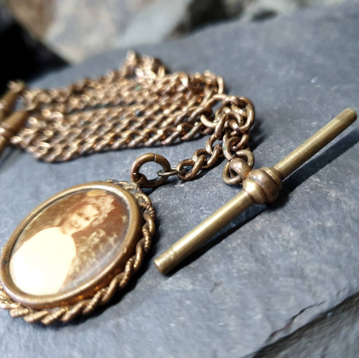 Antique Dog Clip Chain with Photo Locket Fob and T Bar - Pinchbeck 16"  - 25.9g