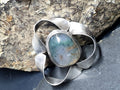 Vintage Modernist Moss Agate Silver Brooch - Sterling Silver - 9.2g