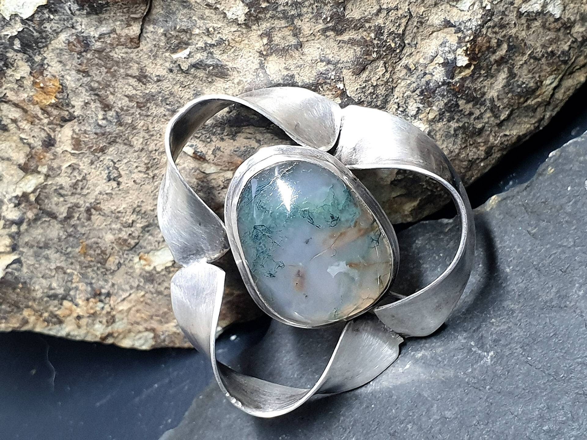 Vintage Modernist Moss Agate Silver Brooch - Sterling Silver - 9.2g