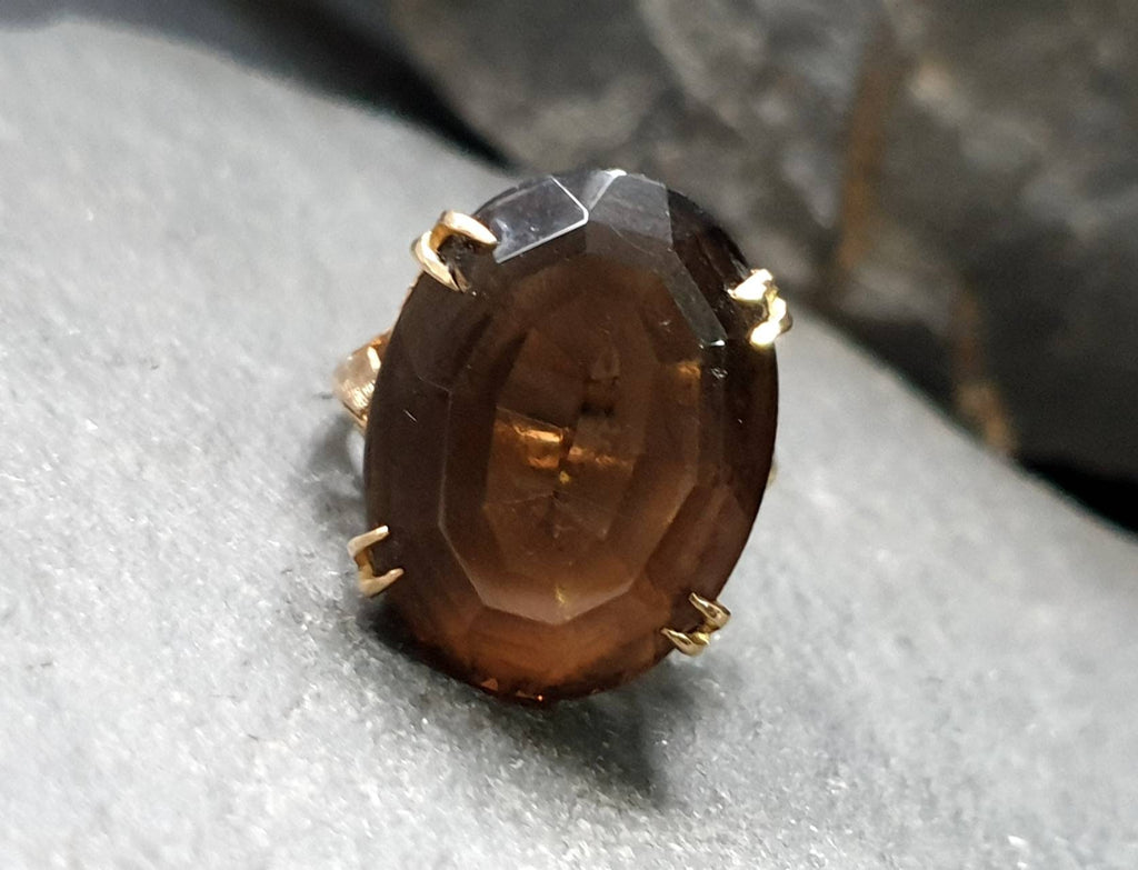Vintage 9ct GOLD Huge Smoky Quartz Ring c 1966 - Size K  5.25) - 6.7g