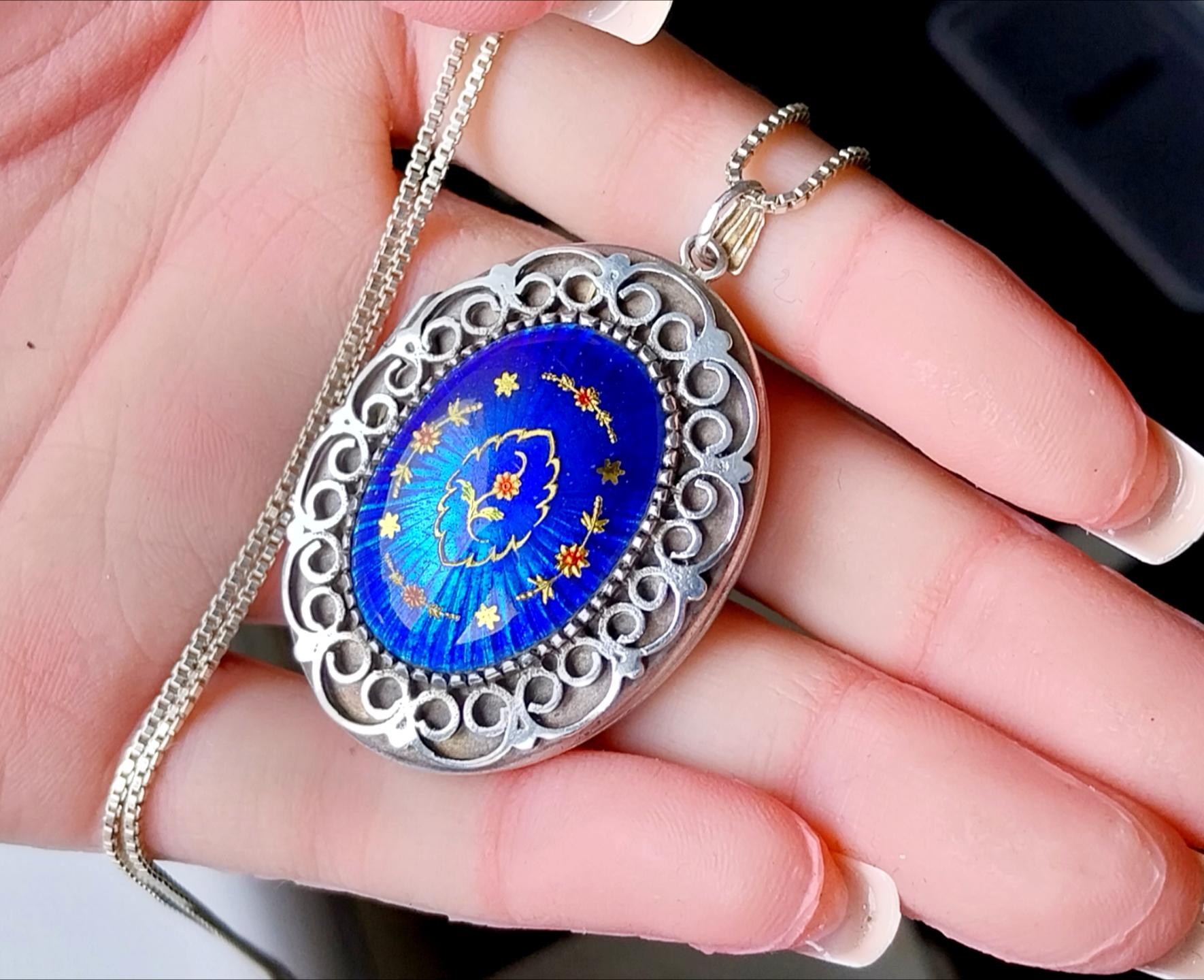 Sterling Silver Guilloche LOCKET , Blue Enamel on 22" chain - 24.8g