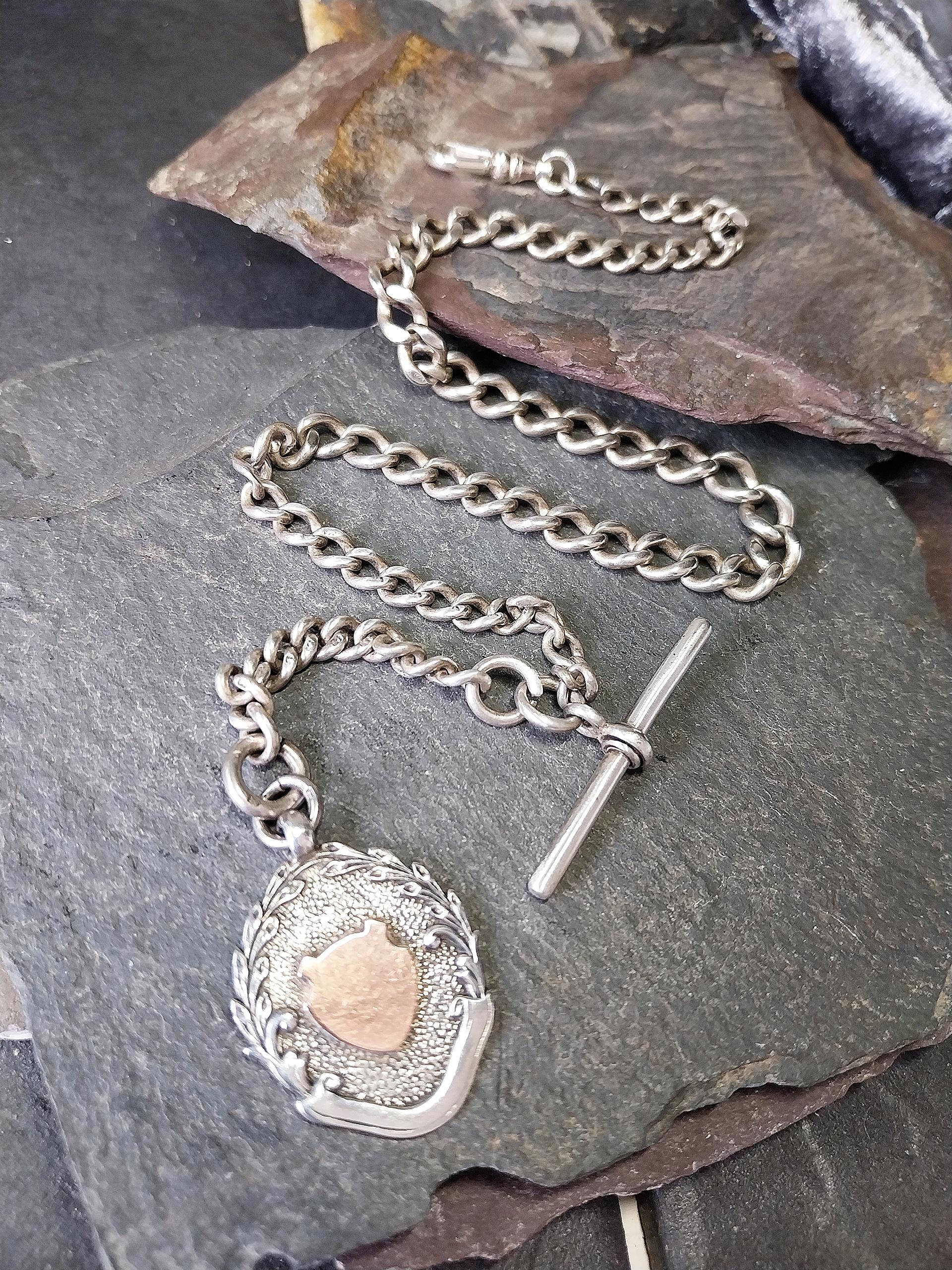 Antique Sterling Silver Albert Watch Chain with T-Bar, Medal Fob and DogClip - 16" - 35.9g