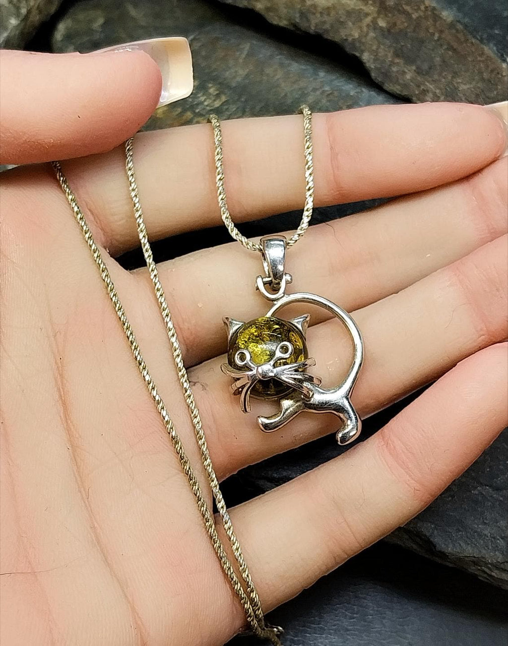 Sterling Silver AMBER CAT Kitten Pendant Chain Necklace 18" Length - 7.1g