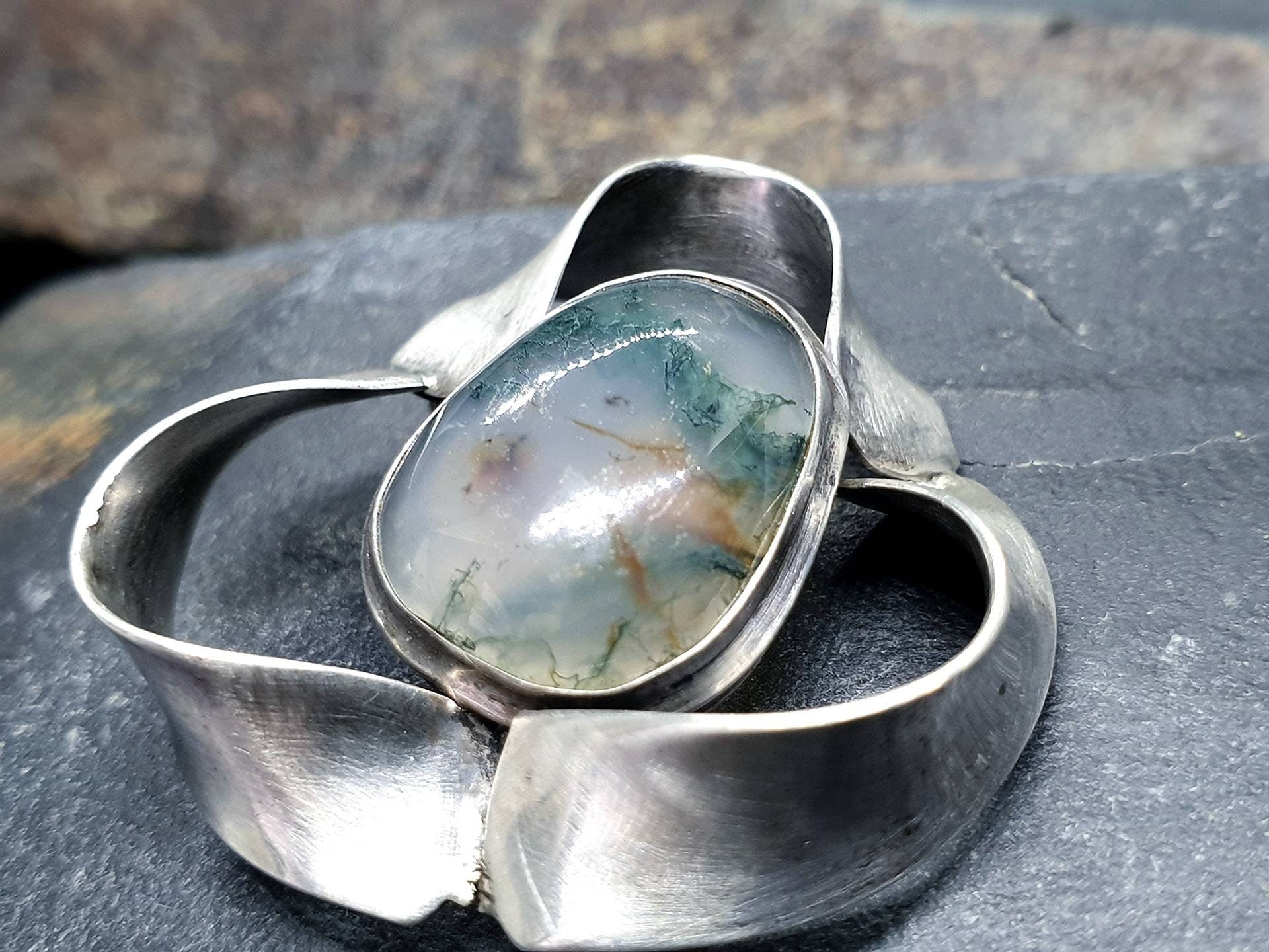 Vintage Modernist Moss Agate Silver Brooch - Sterling Silver - 9.2g