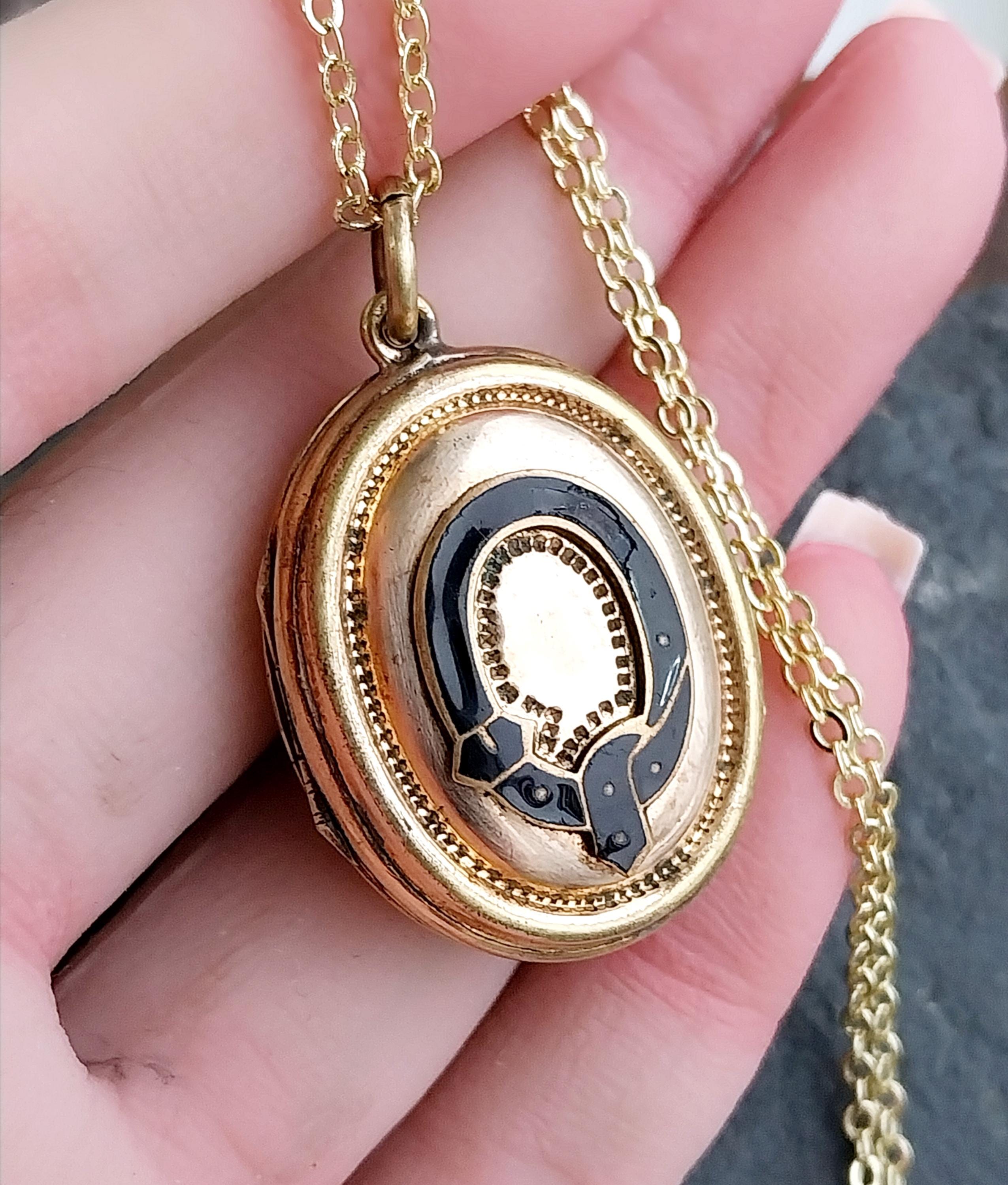 Antique Rolled Gold LOCKET NECKLACE - Black Enamel Buckle on 18" Chain - 10.3g