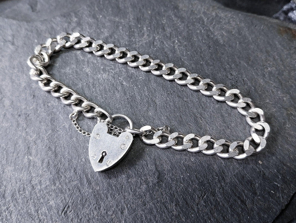 GEORG JENSEN Silver Link Bracelet with Heart Clasp Padlock - 17.9g