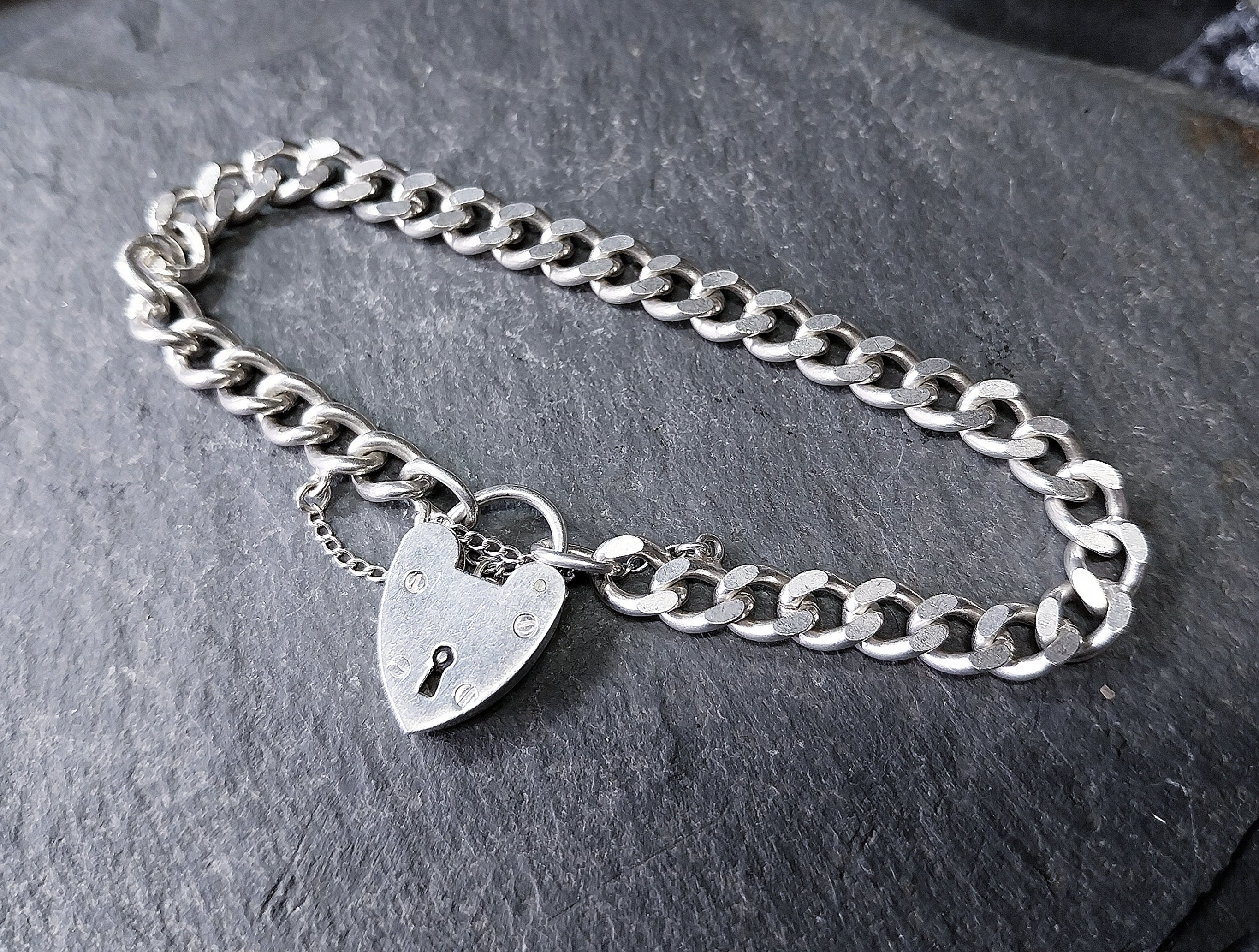 GEORG JENSEN Silver Link Bracelet with Heart Clasp Padlock - 17.9g